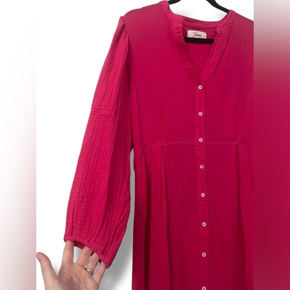 XIRENA Cranberry Pink Gauze Cotton Button Front Midi Dress - Picture 2 of 7